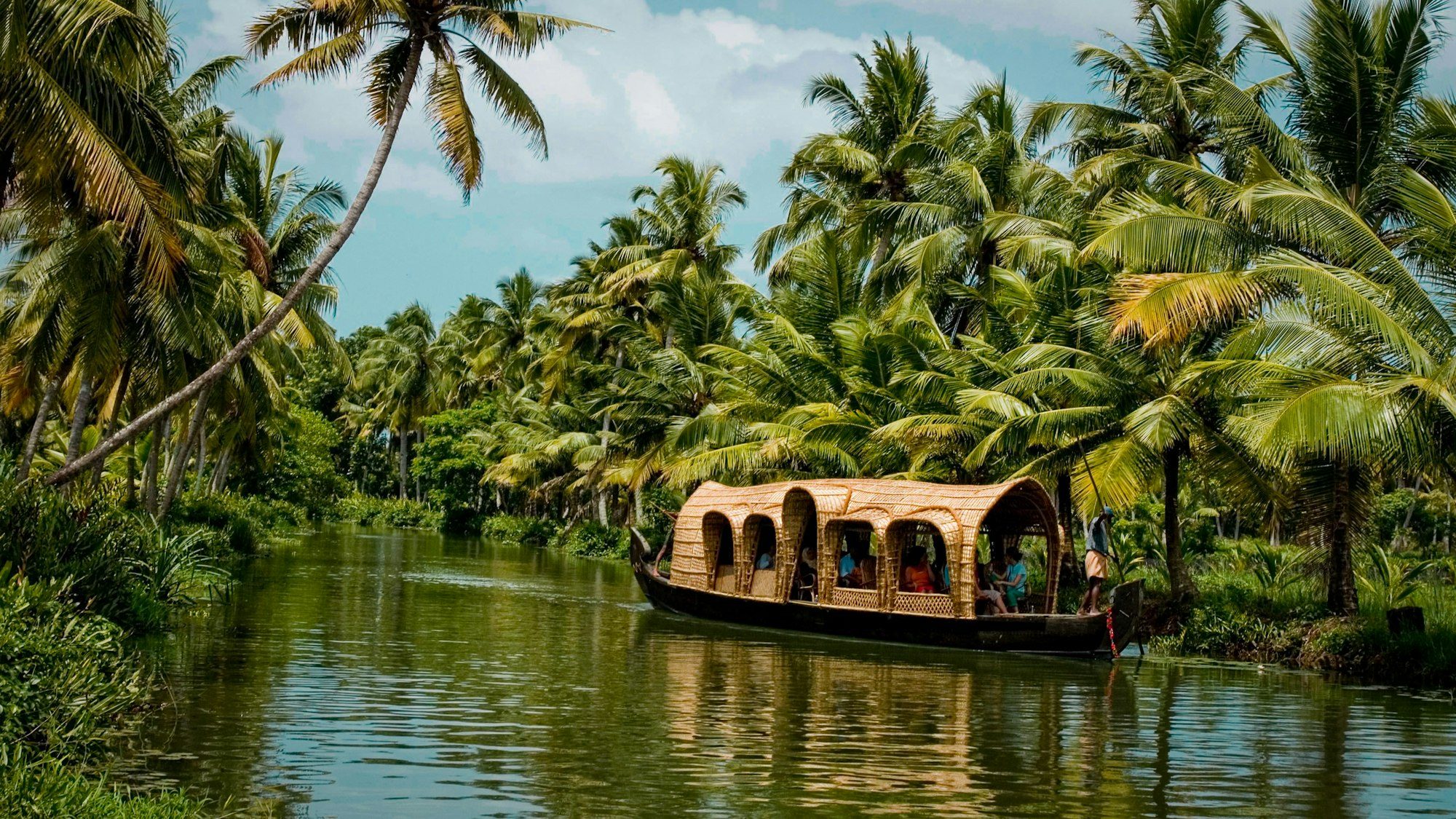 Kerala backwaters lined with coconut palms